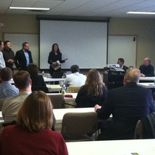 MWTC Executive Director Brigitta Miranda-Freer introduces members of Ascent Vision, Joel Pineiro, Ben Keeley, Mike Tragiai