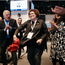 John E. Drew (WTCA Chair/WTC Washington, D.C./WTC Boston/WTC Dublin) and Karen Gerwitz (WTC Denver) dancing during the last session of the 2022 WTCA Member Forum