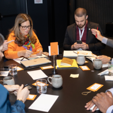 Eva-Marie Mancuso (WTC Providence), Hiago Tavares (WTC Sinop), Freerk Faber (WTC Twente, WTCA Board Member, Steven Bradley (WTC Greater Philadelphia) in the Global Café, Day 2 of programming at the 2023 WTCA Member Forum